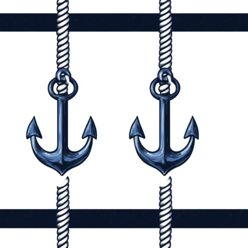 navy blue, white, anchors, nautical rope, maritime, sailing, ocean theme, striped pattern,, fabric panel, sea anchor, boat anchor, nautical stripes, marine design, coastal, sailor theme, rope texture, anchor motif, blue and white
