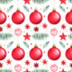 red ornaments, christmas baubles, holiday decorations, evergreen branches, pine needles, red stars, candy cane striped, peppermint candy, beaded ornaments, festive, seasonal, christmas theme, winter holiday, red and green, metallic gold accents, shiny baubles, traditional christmas, whimsical, cheerful, decorative elements, small beads, star ornaments, holiday cheer, christmas morning, gift wrapping theme, festive celebrations, red metallic, warm festive, yuletide
