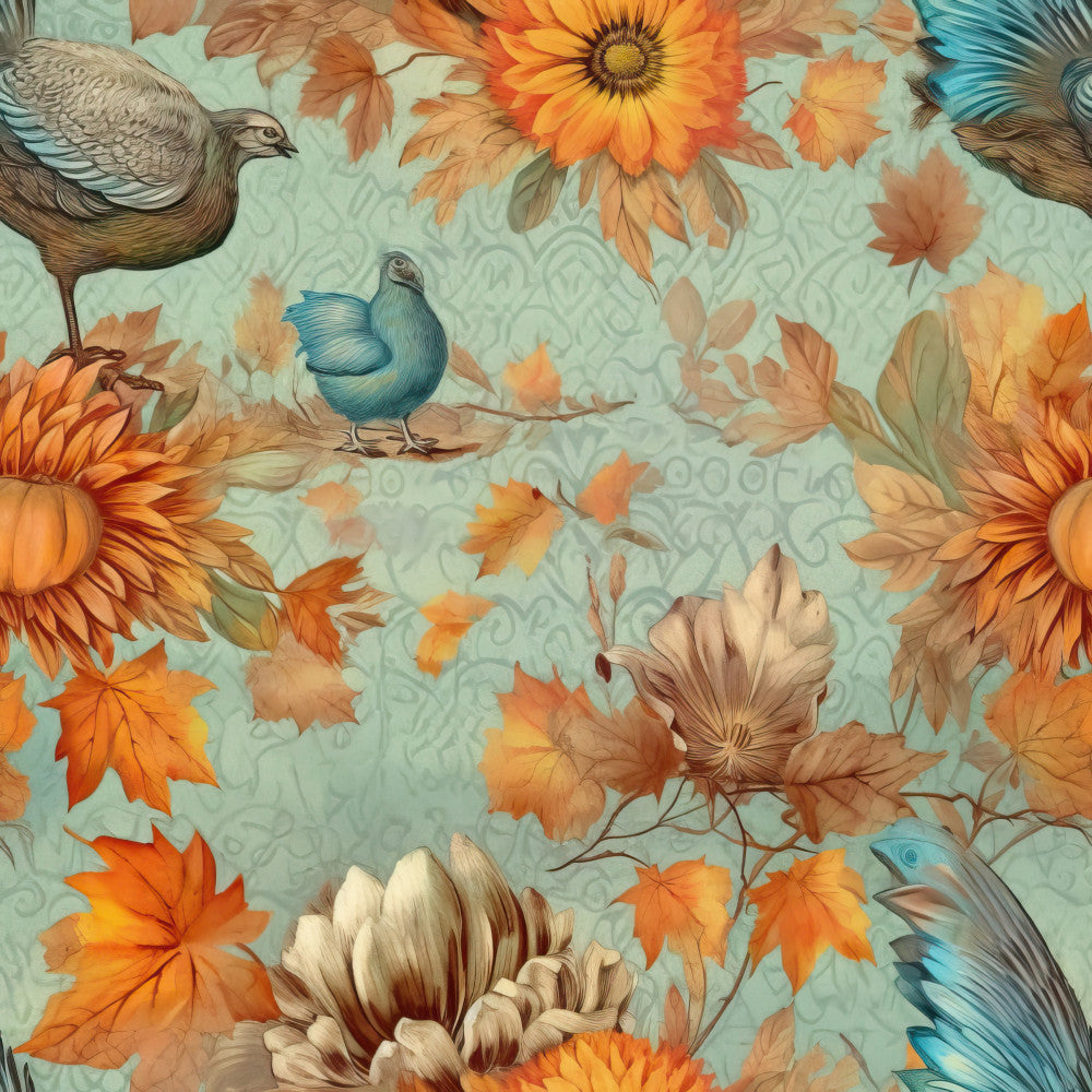 mint green, sage green, burnt orange, golden yellow, cream, taupe, peachy tan, blue accents, teal blue, floral, botanical, birds, autumn leaves, sunflowers, gerbera daisies, nature, whimsical, elegant, vintage, fall, autumn, farmhouse, garden, nature-inspired, decorative leaves, bird motif, kids room, playroom, nursey, timeless