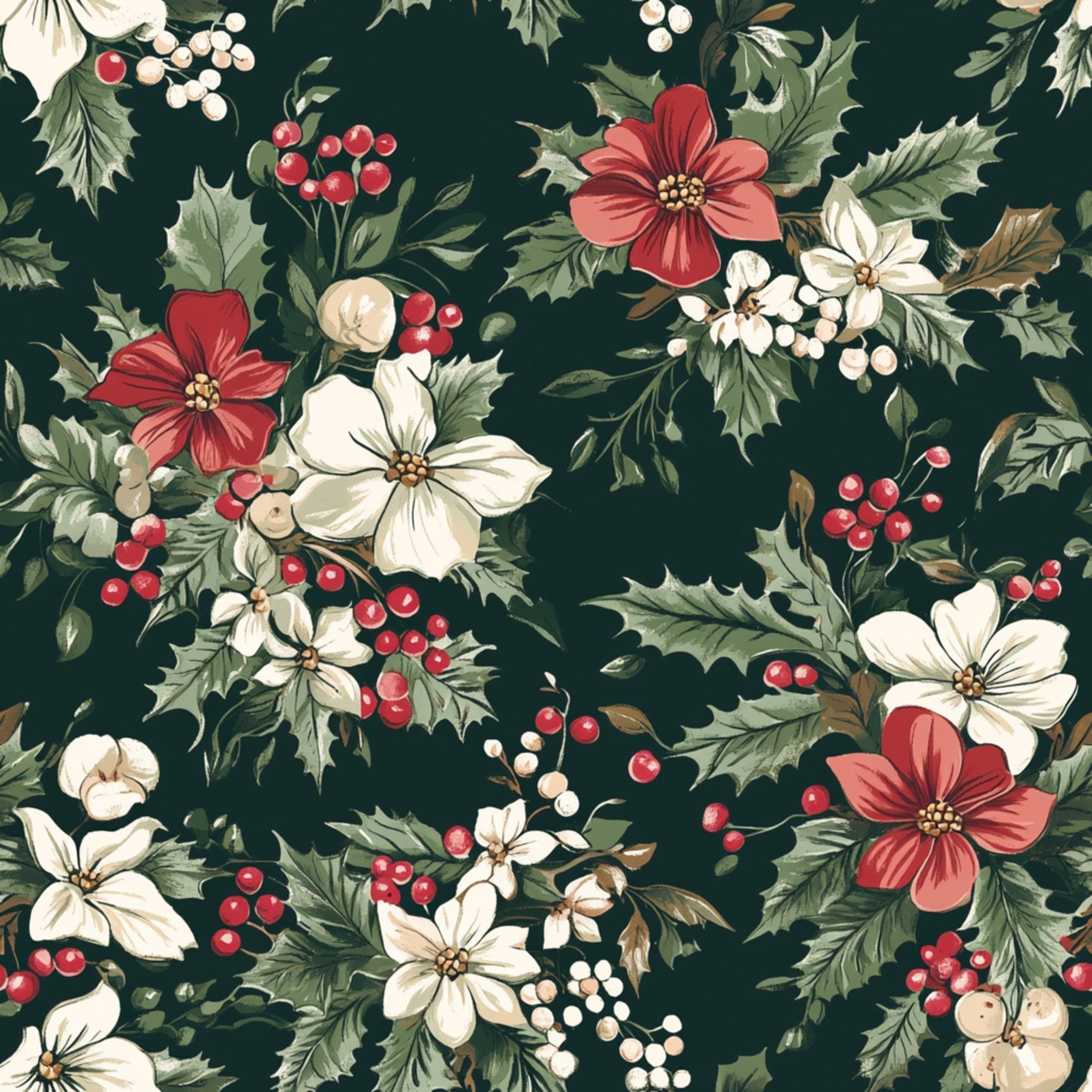 christmas floral, dark green background, red berries, white flowers, cream blossoms, holly leaves, botanical pattern, winter flora, festive motifs,, fabric panel, holiday theme, vintage style, repeating design, cranberries, poinsettia flowers, seasonal berries, christmas botanicals, forest green, burgundy accents