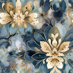 navy blue, cream, beige, gold accents, floral pattern, large blooms, watercolor style, botanical design, flowing petals, organic shapes,, fabric panel, soft texture, elegant florals, artistic flowers, decorative motifs, nature inspired, flowing design, blue tones, neutral colors