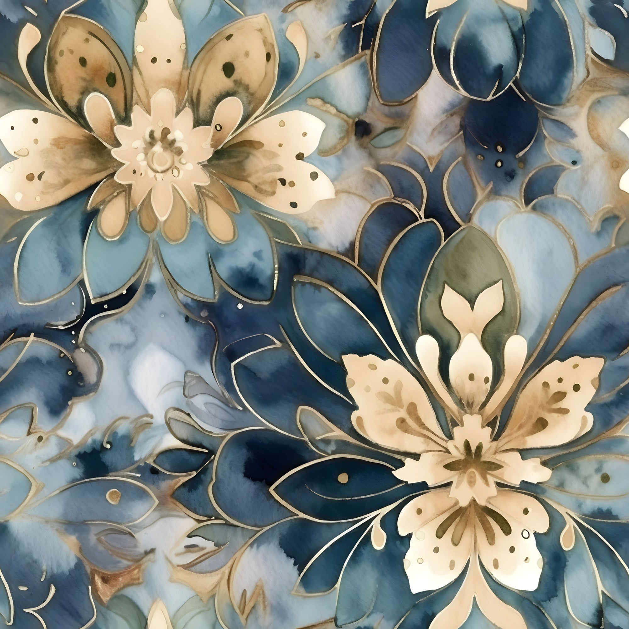 navy blue, cream, beige, gold accents, floral pattern, large blooms, watercolor style, botanical design, flowing petals, organic shapes,, fabric panel, soft texture, elegant florals, artistic flowers, decorative motifs, nature inspired, flowing design, blue tones, neutral colors