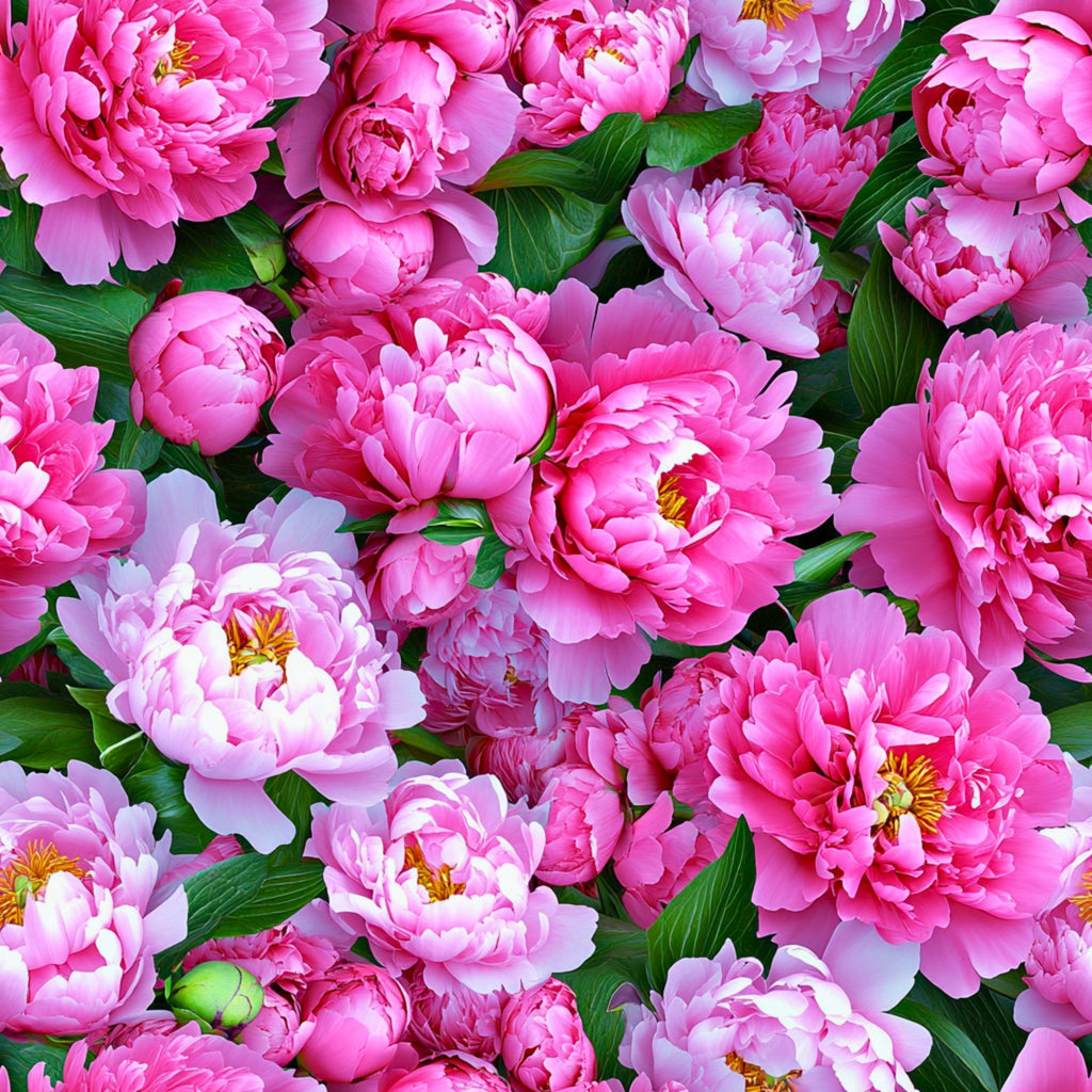 pink flowers, peonies, floral pattern, realistic blooms, fuchsia petals, magenta blossoms, green leaves, botanical design,, fabric panel, layered petals, yellow stamens, garden flowers, spring motif, dense floral, soft pink, bright pink, natural arrangement, flower photography style, cotton fabric