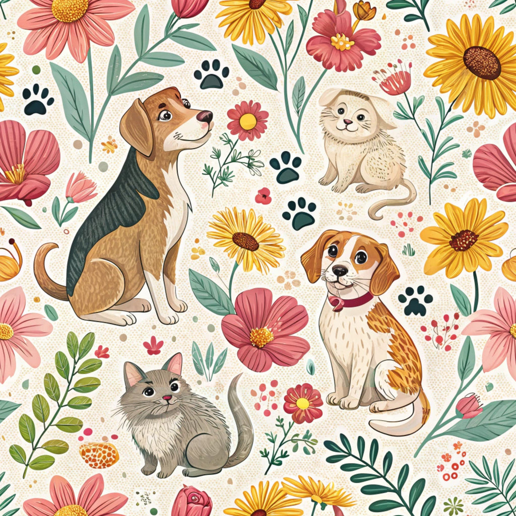 dogs, cats, pets, floral pattern, pink flowers, yellow sunflowers, paw prints, beige background, coral blooms, green leaves,, fabric panel, cute animals, botanical design, spring colors, whimsical illustration, pet lovers, crafting fabric, sewing material, cheerful mood