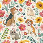 dogs, cats, pets, floral pattern, pink flowers, yellow sunflowers, paw prints, beige background, coral blooms, green leaves,, fabric panel, cute animals, botanical design, spring colors, whimsical illustration, pet lovers, crafting fabric, sewing material, cheerful mood