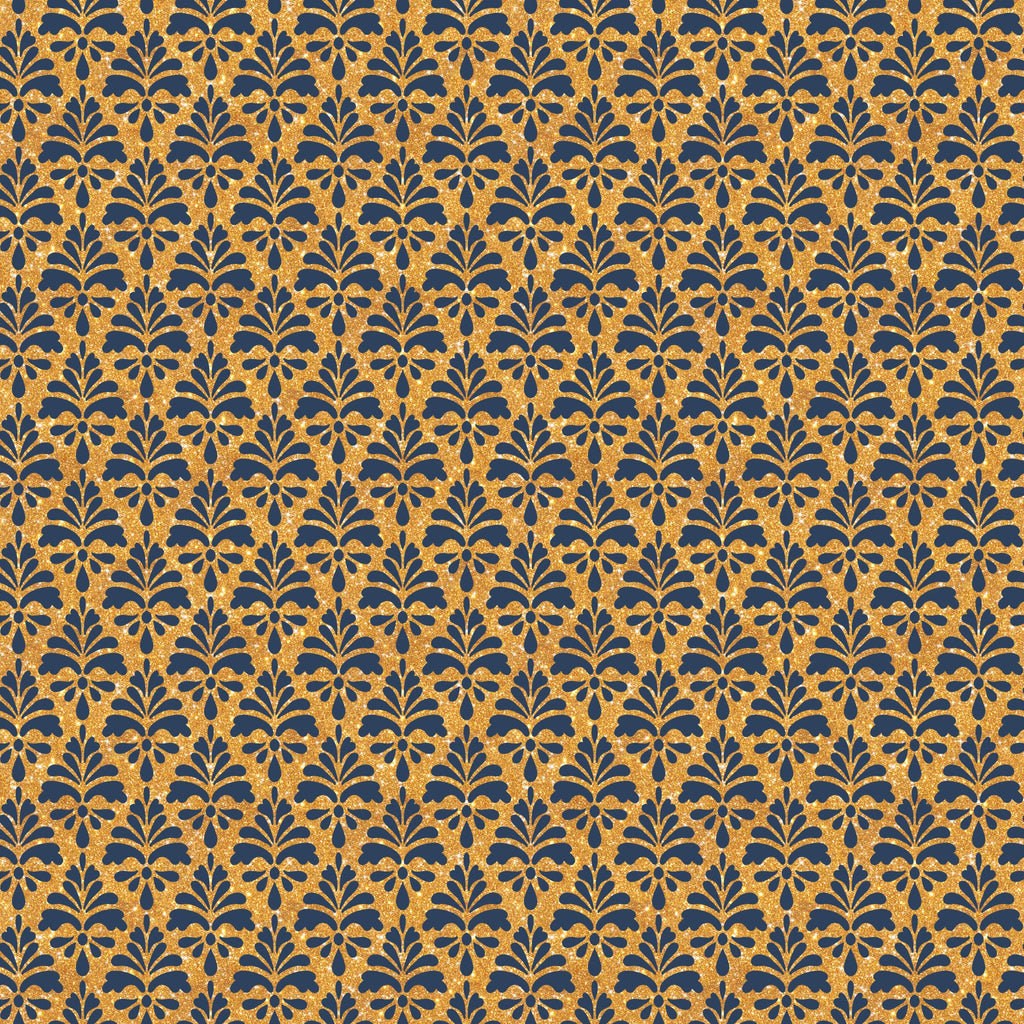 navy blue, gold, metallic gold, floral motifs, damask pattern, ornate design, repeating pattern, botanical elements, decorative flourishes,, fabric panel, elegant pattern, luxurious, formal design, symmetrical motifs, leaf patterns, vintage style, rich colors, celebration theme