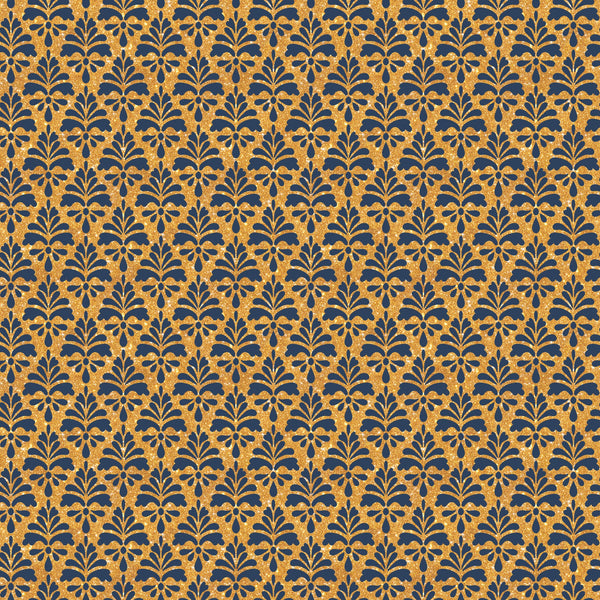 navy blue, gold, metallic gold, floral motifs, damask pattern, ornate design, repeating pattern, botanical elements, decorative flourishes,, fabric panel, elegant pattern, luxurious, formal design, symmetrical motifs, leaf patterns, vintage style, rich colors, celebration theme
