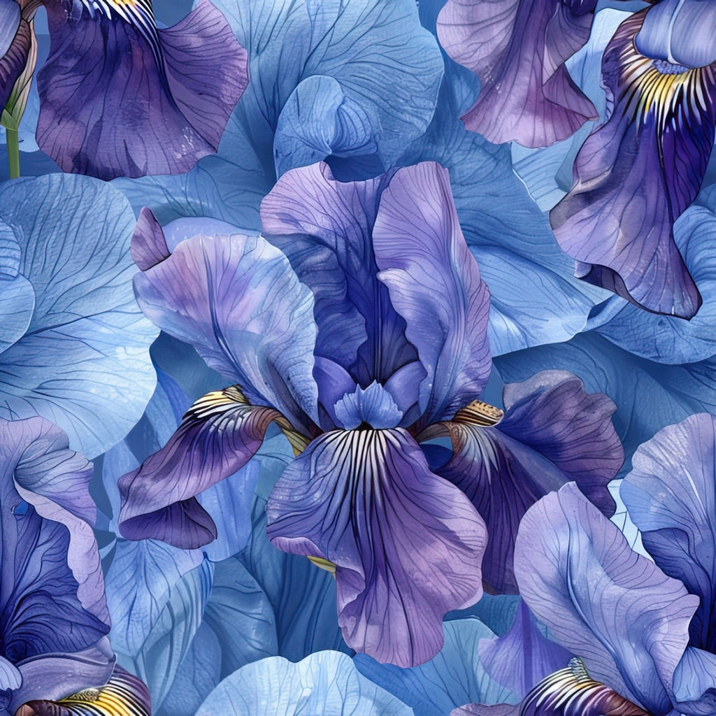 purple iris, blue petals, floral pattern, botanical design, layered blooms,, fabric panel, nature motif, garden flowers, periwinkle blue, lavender purple, realistic florals, overlapping petals, spring flowers, detailed veining, soft pastels, decorative fabric, sewing material, craft supplies