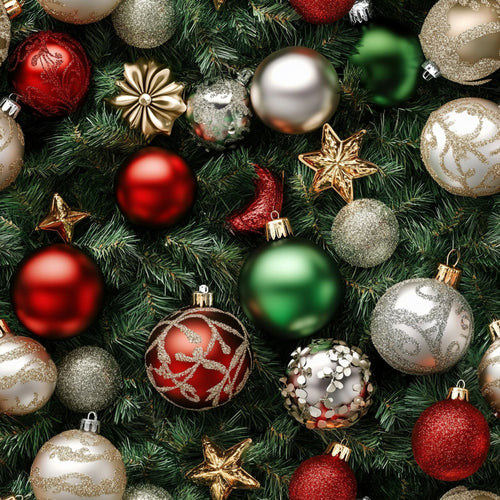 christmas ornaments, red baubles, green baubles, gold baubles, silver baubles, evergreen branches, star decorations,, fabric panel, holiday pattern, festive design, metallic accents, glittery ornaments, pine needles, christmas balls, seasonal fabric, winter theme, ornament collection, holiday crafting, realistic pattern