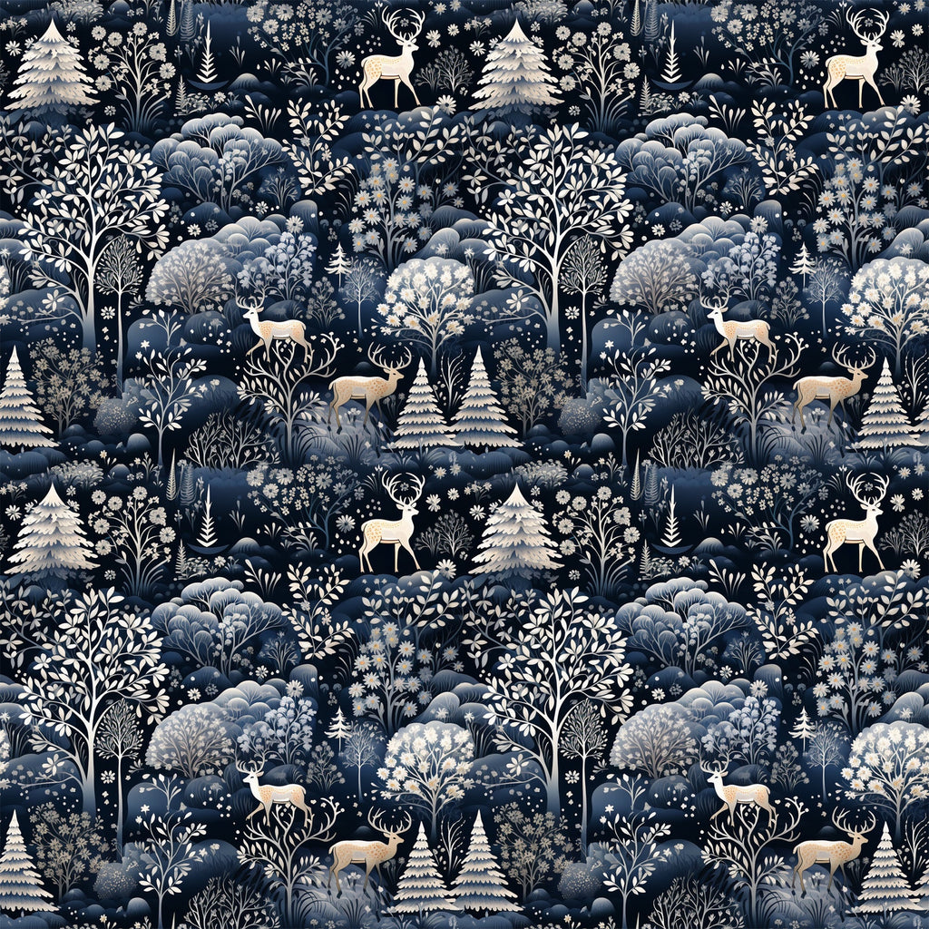 delft blue, navy blue, cream, white, winter forest, deer, stags, evergreen trees, snowflakes, botanical motifs, folk art style, repeating pattern,, fabric panel, woodland scene, winter theme, silhouettes, nature design, monochromatic, scandinavian style