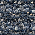 delft blue, navy blue, cream, white, winter forest, deer, stags, evergreen trees, snowflakes, botanical motifs, folk art style, repeating pattern,, fabric panel, woodland scene, winter theme, silhouettes, nature design, monochromatic, scandinavian style
