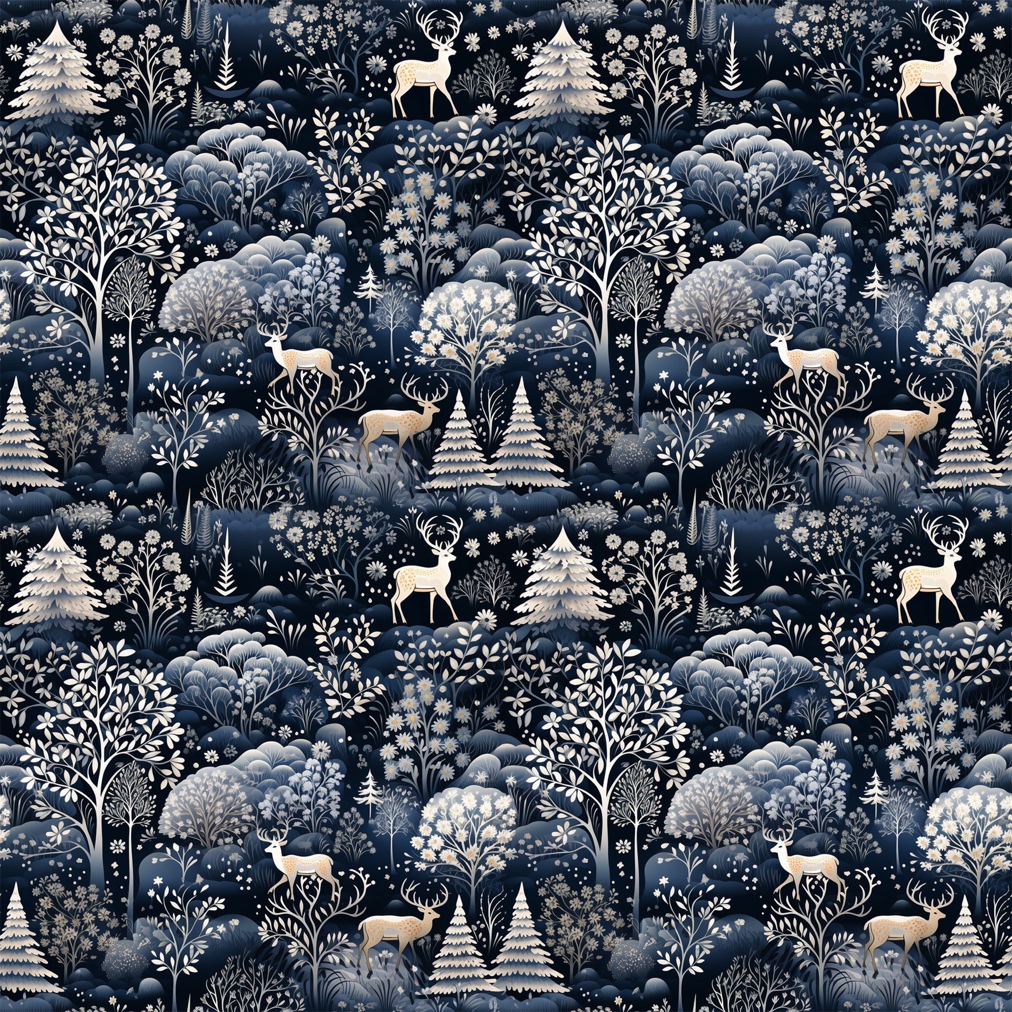 delft blue, navy blue, cream, white, winter forest, deer, stags, evergreen trees, snowflakes, botanical motifs, folk art style, repeating pattern,, fabric panel, woodland scene, winter theme, silhouettes, nature design, monochromatic, scandinavian style