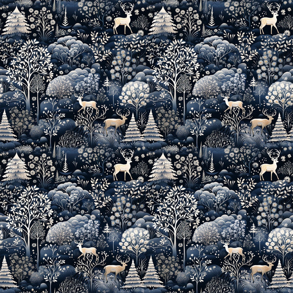 delft blue, navy blue, cream, white, winter forest, deer, stags, evergreen trees, snowflakes, botanical motifs, folk art style, repeating pattern,, fabric panel, woodland scene, winter theme, silhouettes, nature design, monochromatic, scandinavian style