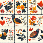 autumn colors, fall foliage,, fabric panel, orange flowers, red berries, navy leaves, decorative birds, folk art style, botanical motifs, heart shapes, warm tones, cream background, nature elements, floral patterns, seasonal design, craft fabric, patchwork squares, rustic charm, harvest theme