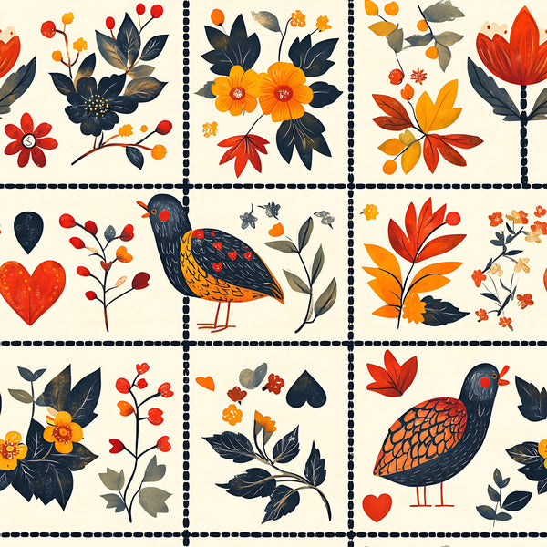 autumn colors, fall foliage,, fabric panel, orange flowers, red berries, navy leaves, decorative birds, folk art style, botanical motifs, heart shapes, warm tones, cream background, nature elements, floral patterns, seasonal design, craft fabric, patchwork squares, rustic charm, harvest theme