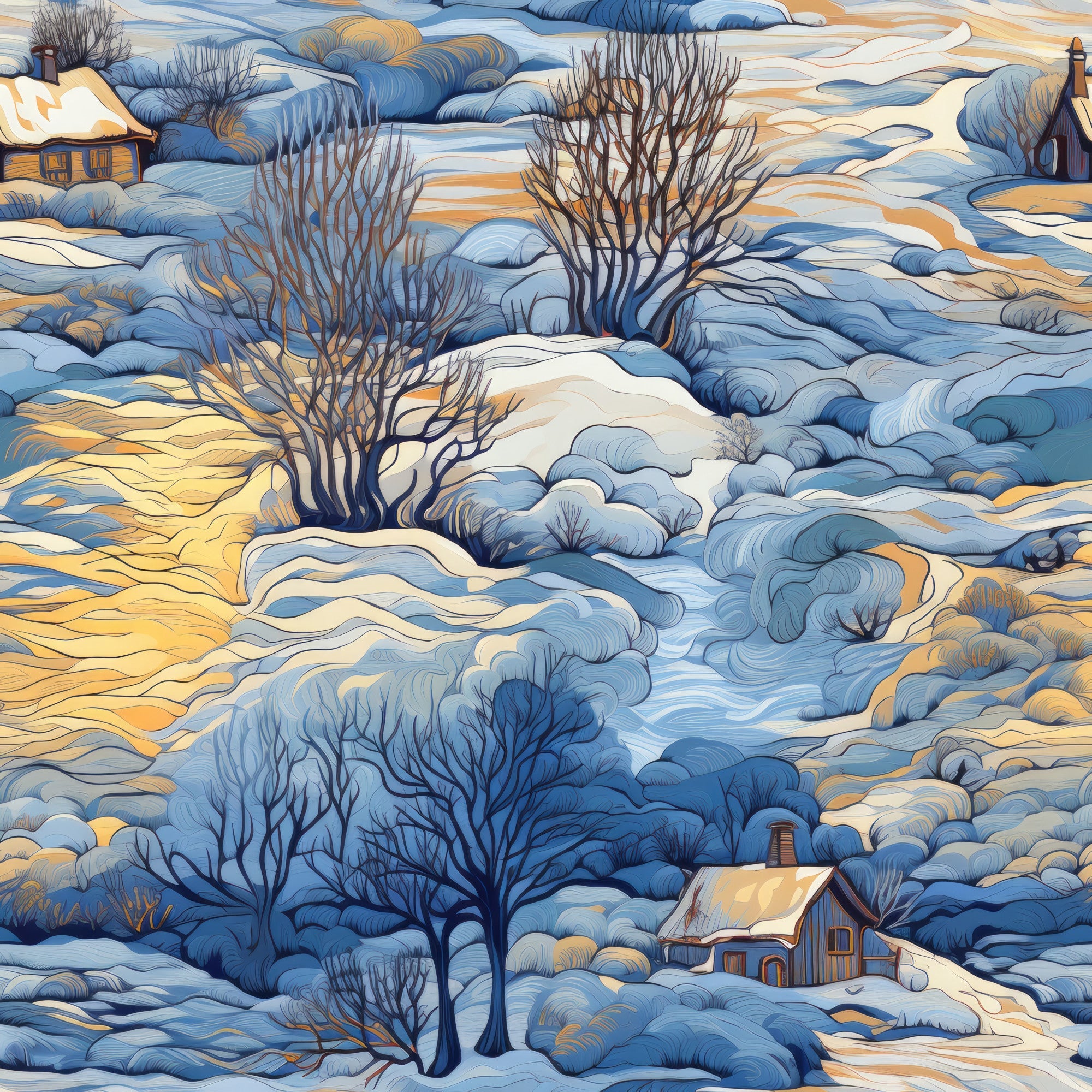 winter landscape, snow covered hills, bare trees, rustic cabins, dawn lighting, golden yellow, sky blue, cream white, flowing contours,, fabric panel, serene countryside, rolling terrain, winter scene, peaceful mood, soft shadows, natural elements, cottage homes, windswept snow, artistic illustration