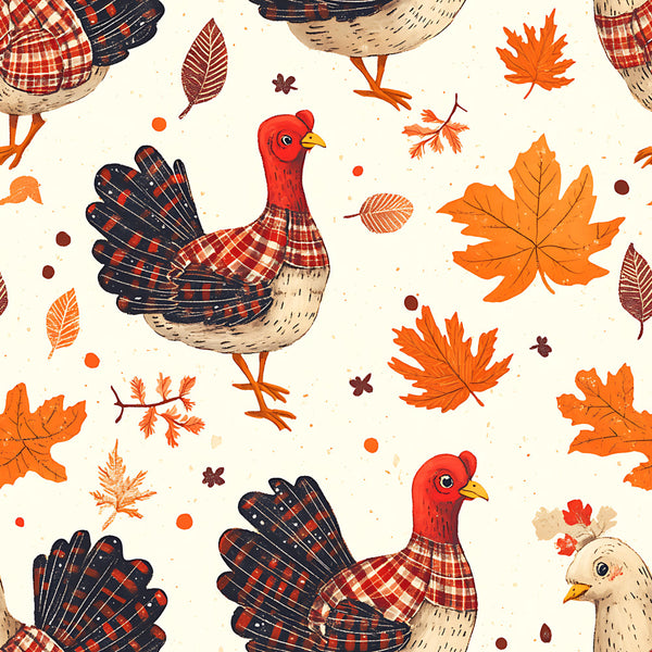 autumn harvest, fall leaves, turkeys, plaid, checkered, rust orange, burnt orange, cream, navy blue, red, woodland, farmhouse, rustic, whimsical, vintage, nature, birds, maple leaves, feathers, folk art, cozy, seasonal, thanksgiving, harvest time, kids room, playroom, children's, botanical, traditional, patchwork inspired