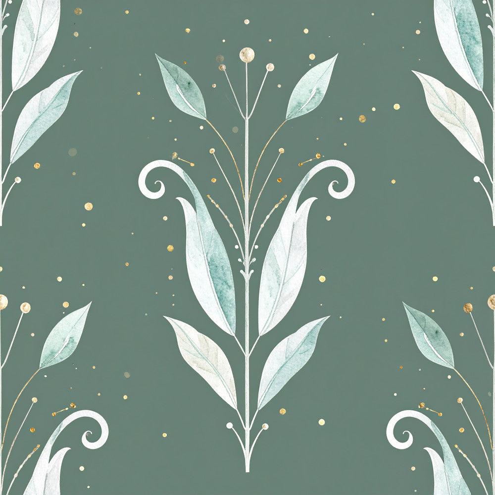 sage green, muted green, dusty green, white, cream, gold accents, botanical, floral, nature, elegant, modern, whimsical, minimalist, leaves, stems, berries, delicate florals, spring, nursery, baby room, calming, soft aesthetic, contemporary botanical, decorative florals, peaceful, serene, artistic, watercolor style, ornamental leaves