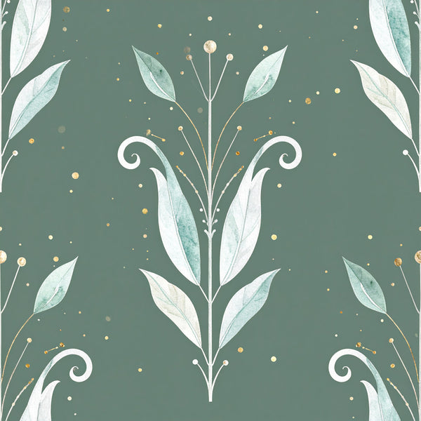 sage green, muted green, dusty green, white, cream, gold accents, botanical, floral, nature, elegant, modern, whimsical, minimalist, leaves, stems, berries, delicate florals, spring, nursery, baby room, calming, soft aesthetic, contemporary botanical, decorative florals, peaceful, serene, artistic, watercolor style, ornamental leaves