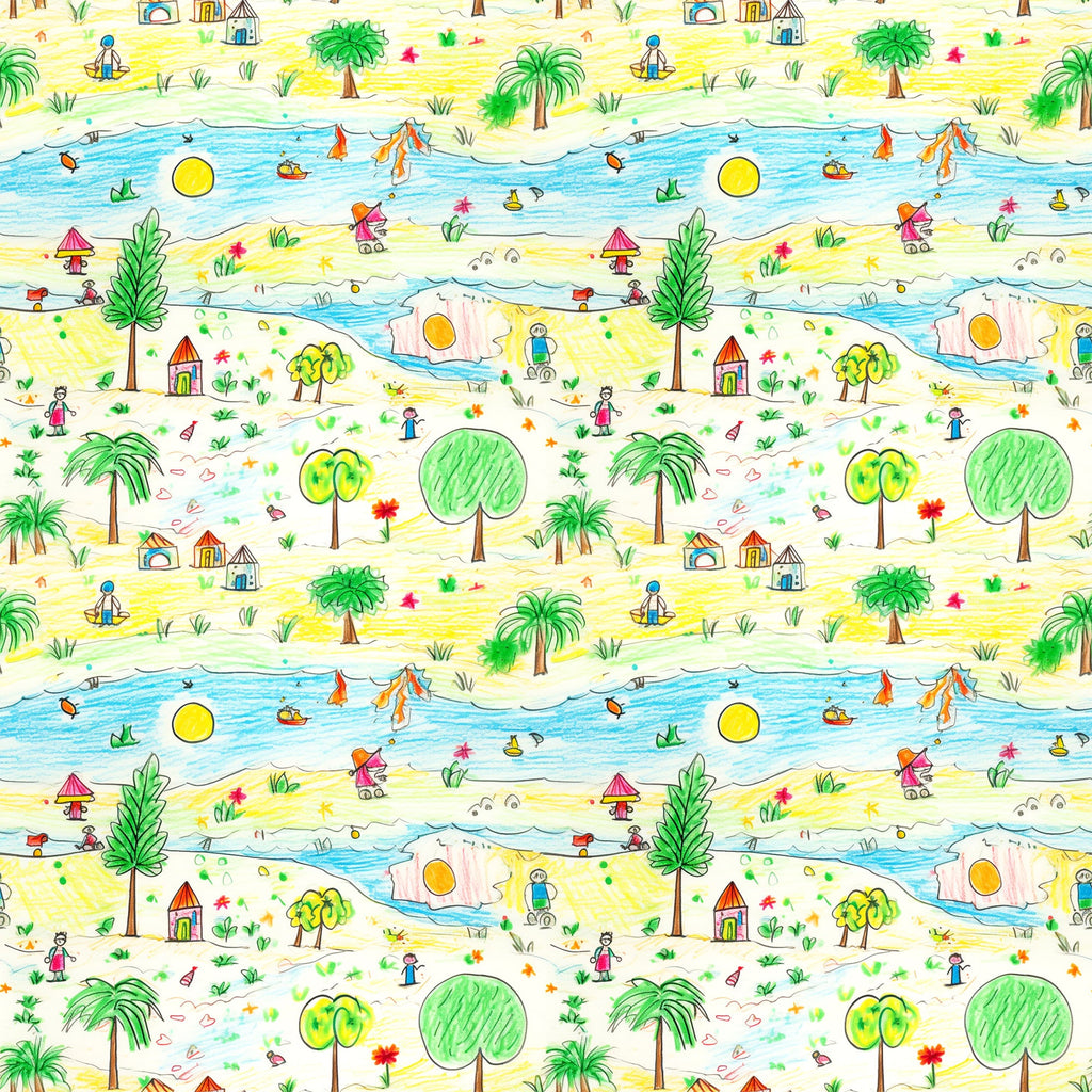 yellow, blue, green, red, orange, child's drawing, crayon art, beach scene, palm trees, ocean waves, sailboats, houses, stick figures, whimsical, playful, naive art style, repeating pattern,, fabric panel, tropical theme, summer vibes, children's artwork