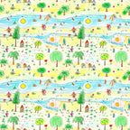 yellow, blue, green, red, orange, child's drawing, crayon art, beach scene, palm trees, ocean waves, sailboats, houses, stick figures, whimsical, playful, naive art style, repeating pattern,, fabric panel, tropical theme, summer vibes, children's artwork