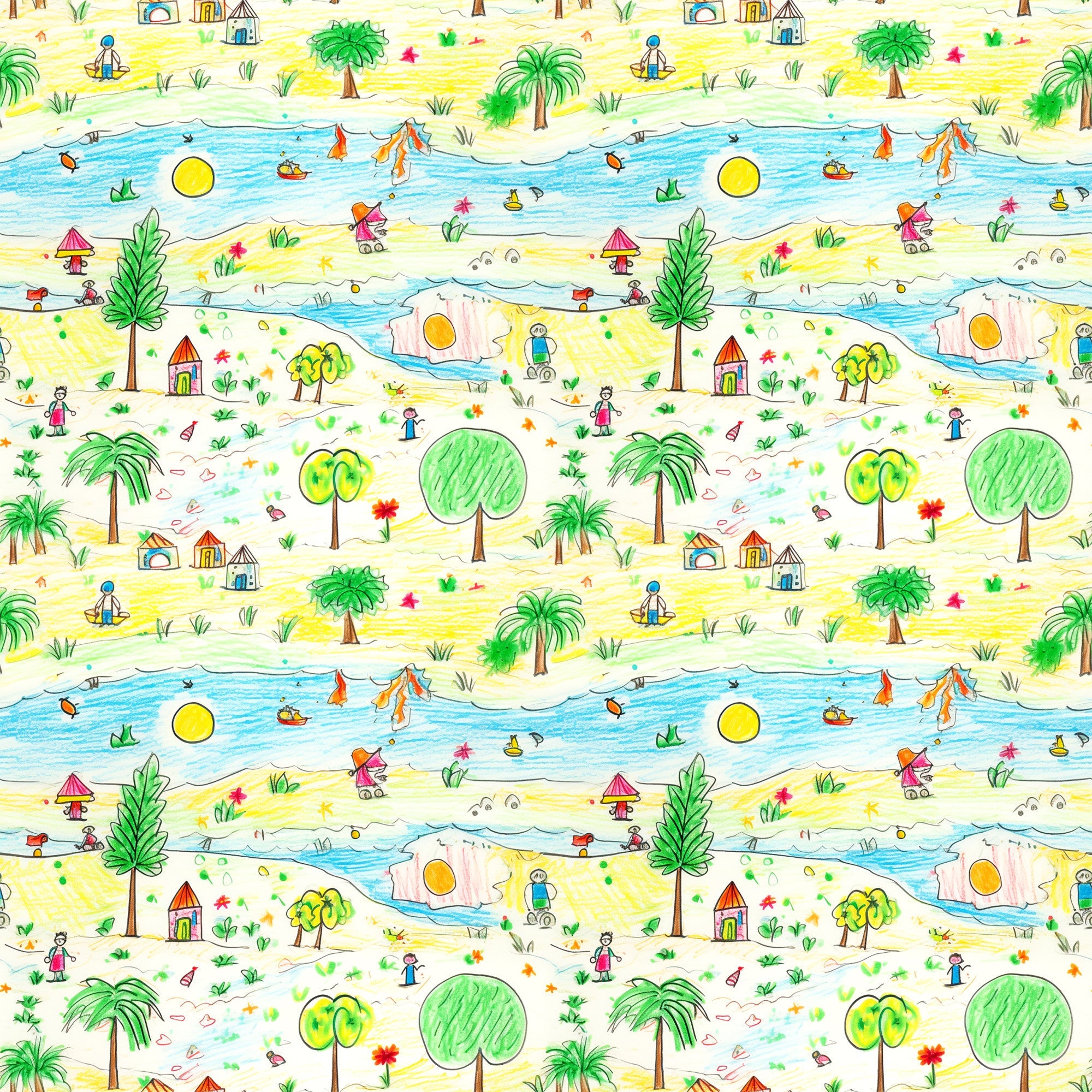yellow, blue, green, red, orange, child's drawing, crayon art, beach scene, palm trees, ocean waves, sailboats, houses, stick figures, whimsical, playful, naive art style, repeating pattern,, fabric panel, tropical theme, summer vibes, children's artwork