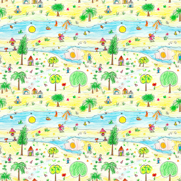 yellow, blue, green, red, orange, child's drawing, crayon art, beach scene, palm trees, ocean waves, sailboats, houses, stick figures, whimsical, playful, naive art style, repeating pattern,, fabric panel, tropical theme, summer vibes, children's artwork