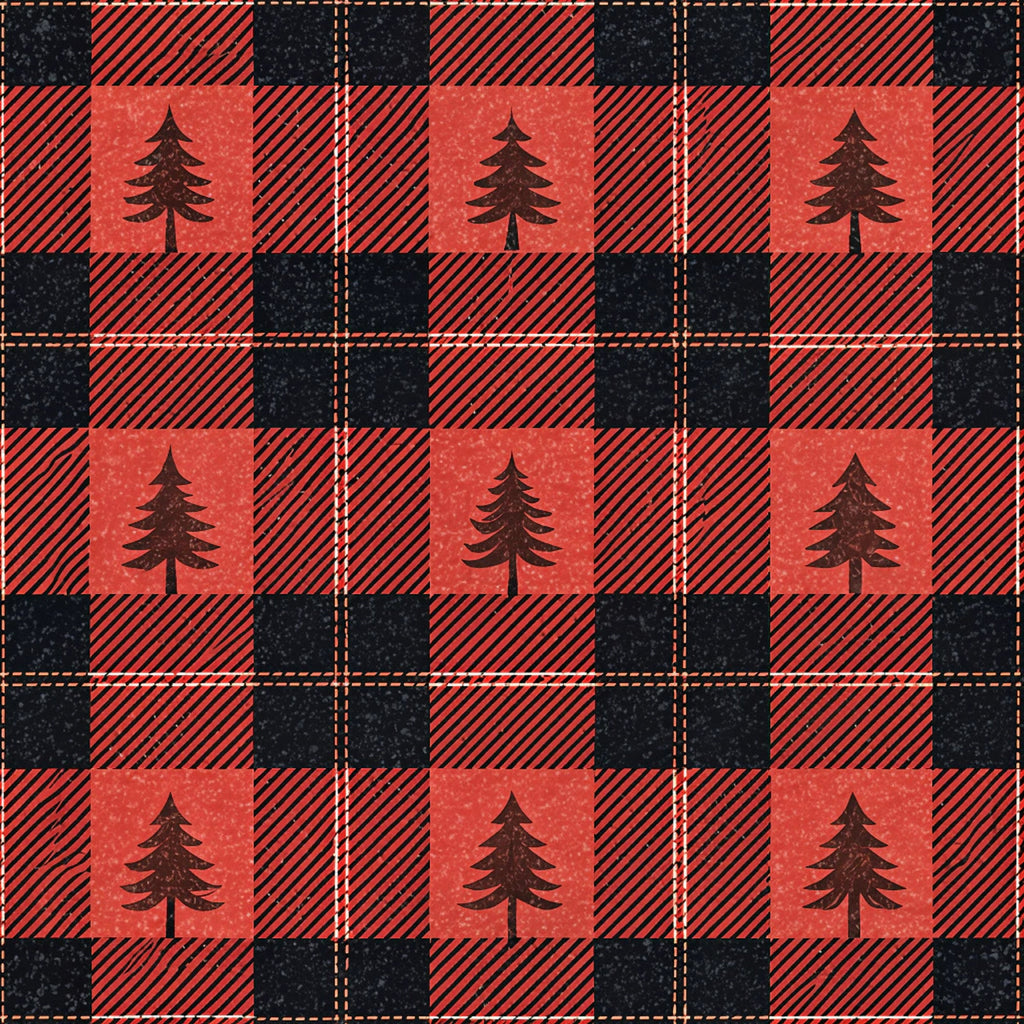 red, black, buffalo plaid, checkered pattern, pine trees, evergreen trees,, fabric panel, rustic, woodland, outdoor theme, lumberjack style, plaid squares, forest motif, camping theme, diagonal stripes, country style, nature design, winter trees, cabin decor