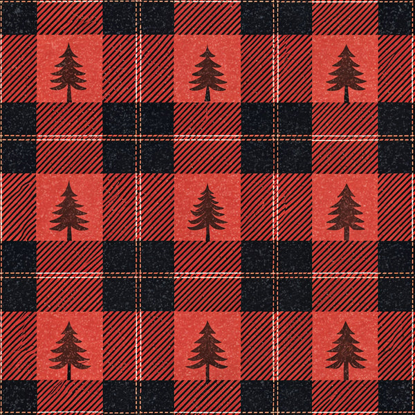 red, black, buffalo plaid, checkered pattern, pine trees, evergreen trees,, fabric panel, rustic, woodland, outdoor theme, lumberjack style, plaid squares, forest motif, camping theme, diagonal stripes, country style, nature design, winter trees, cabin decor