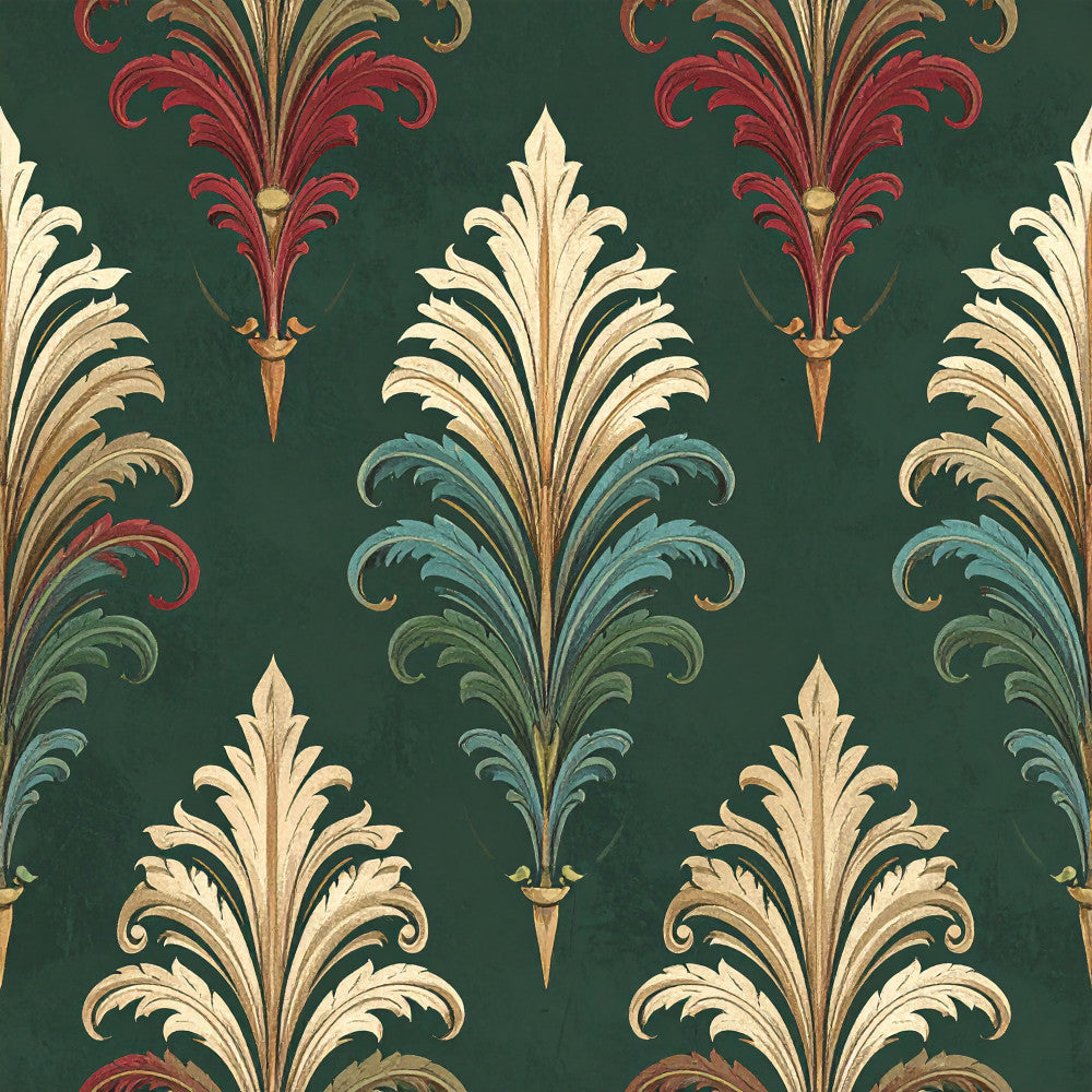 forest green, cream, gold, burgundy red, teal blue, sage green, damask, floral, ornamental, baroque, victorian, elegant, traditional, classic, ornate, feather motifs, scrollwork, symmetrical pattern, formal, timeless, vintage, decorative arts, botanical, upholstery inspired, rich jewel tones, luxe, sophisticated, home decor