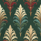 forest green, cream, gold, burgundy red, teal blue, sage green, damask, floral, ornamental, baroque, victorian, elegant, traditional, classic, ornate, feather motifs, scrollwork, symmetrical pattern, formal, timeless, vintage, decorative arts, botanical, upholstery inspired, rich jewel tones, luxe, sophisticated, home decor