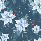 navy blue, white poinsettia, light blue flowers, dark teal, winter floral, evergreen branches, red berries, holiday, christmas, elegant, botanical, festive, snowflakes, decorative berries, pine needles, winter botanicals, traditional, nature-inspired, seasonal, december, sparkly accents, multi-color berries, soft watercolor, delicate florals, christmas decor, winter theme, sophisticated, natural elements, frost aesthetic