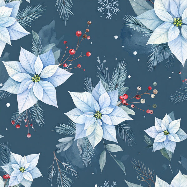 navy blue, white poinsettia, light blue flowers, dark teal, winter floral, evergreen branches, red berries, holiday, christmas, elegant, botanical, festive, snowflakes, decorative berries, pine needles, winter botanicals, traditional, nature-inspired, seasonal, december, sparkly accents, multi-color berries, soft watercolor, delicate florals, christmas decor, winter theme, sophisticated, natural elements, frost aesthetic