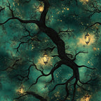 forest green, teal, emerald, gold, yellow, black, celestial, magical, whimsical, fantasy, enchanted, mystical, starry night, lanterns, bare branches, tree branches, nature, nocturnal, nighttime, vintage, elegant, gothic, dark academia, moody, atmospheric, stars, sparkles, ornate lanterns, twisted trees, dreamy