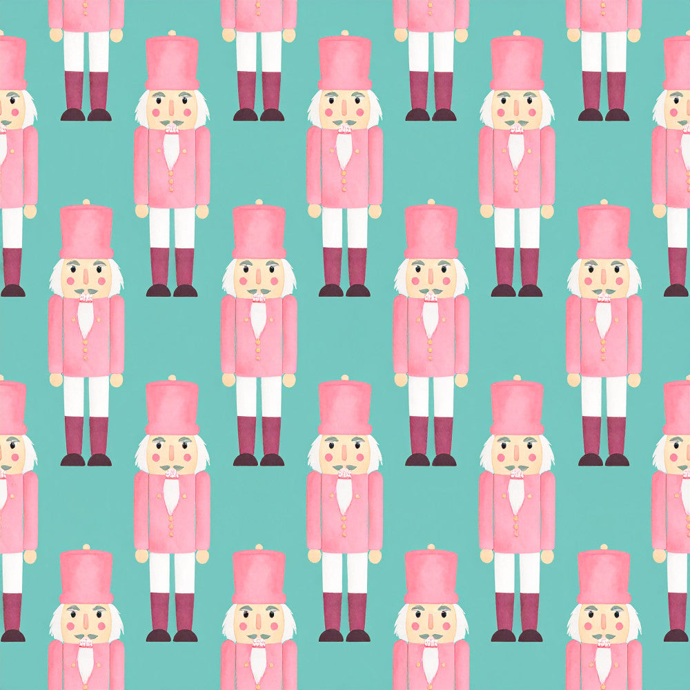 coral pink, turquoise, mint green, white, burgundy, nutcracker, toy soldier, holiday, christmas, festive, whimsical, vintage, traditional, playroom, kids room, nursery, children's decor, seasonal, winter, retro, decorative characters, whimsical characters, classic design, fun print, cute characters, child-friendly, festive theme, holiday themed, decorative motifs
