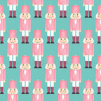 coral pink, turquoise, mint green, white, burgundy, nutcracker, toy soldier, holiday, christmas, festive, whimsical, vintage, traditional, playroom, kids room, nursery, children's decor, seasonal, winter, retro, decorative characters, whimsical characters, classic design, fun print, cute characters, child-friendly, festive theme, holiday themed, decorative motifs