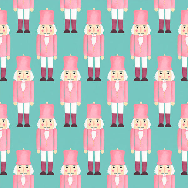 coral pink, turquoise, mint green, white, burgundy, nutcracker, toy soldier, holiday, christmas, festive, whimsical, vintage, traditional, playroom, kids room, nursery, children's decor, seasonal, winter, retro, decorative characters, whimsical characters, classic design, fun print, cute characters, child-friendly, festive theme, holiday themed, decorative motifs