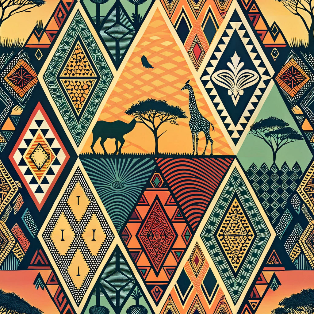 african tribal, geometric patterns, diamond shapes, triangular motifs, safari animals, giraffe silhouettes, acacia trees, sunset orange, deep teal, forest green, coral red, golden yellow, earthy tones, tribal art, ethnic designs, wildlife scenes,, fabric panel, geometric blocks, savanna landscape