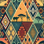 african tribal, geometric patterns, diamond shapes, triangular motifs, safari animals, giraffe silhouettes, acacia trees, sunset orange, deep teal, forest green, coral red, golden yellow, earthy tones, tribal art, ethnic designs, wildlife scenes,, fabric panel, geometric blocks, savanna landscape