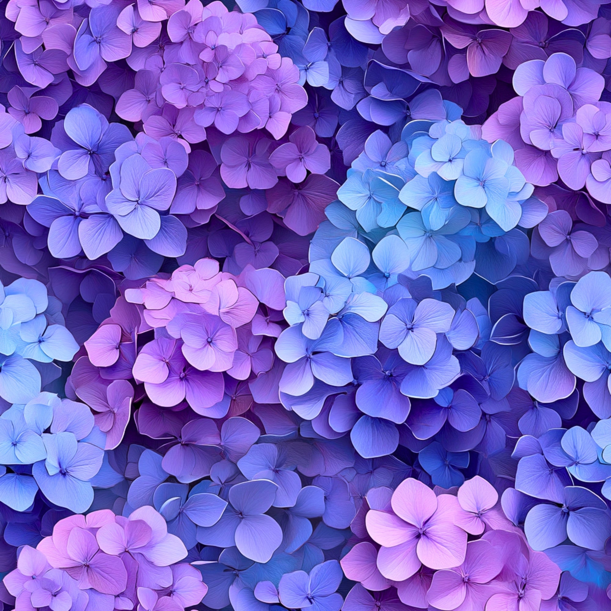 purple flowers, blue flowers, hydrangeas, floral pattern, realistic flowers, botanical design, purple hues, blue tones, lavender shades, clustered blooms, nature motif,, fabric panel, garden flowers, soft petals, detailed florals, spring blooms, feminine design, crafting fabric, sewing material