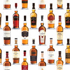 amber, golden yellow, deep brown, rust orange, whiskey bottles, scottish distillery, alcohol beverages, spirit bottles, glass bottles, labels, realistic illustration, repeating pattern,, fabric panel, scottish theme, bar collection, bottle arrangement, warm tones, beverage motif, distilled spirits