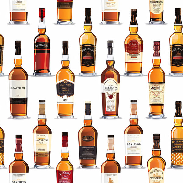 amber, golden yellow, deep brown, rust orange, whiskey bottles, scottish distillery, alcohol beverages, spirit bottles, glass bottles, labels, realistic illustration, repeating pattern,, fabric panel, scottish theme, bar collection, bottle arrangement, warm tones, beverage motif, distilled spirits