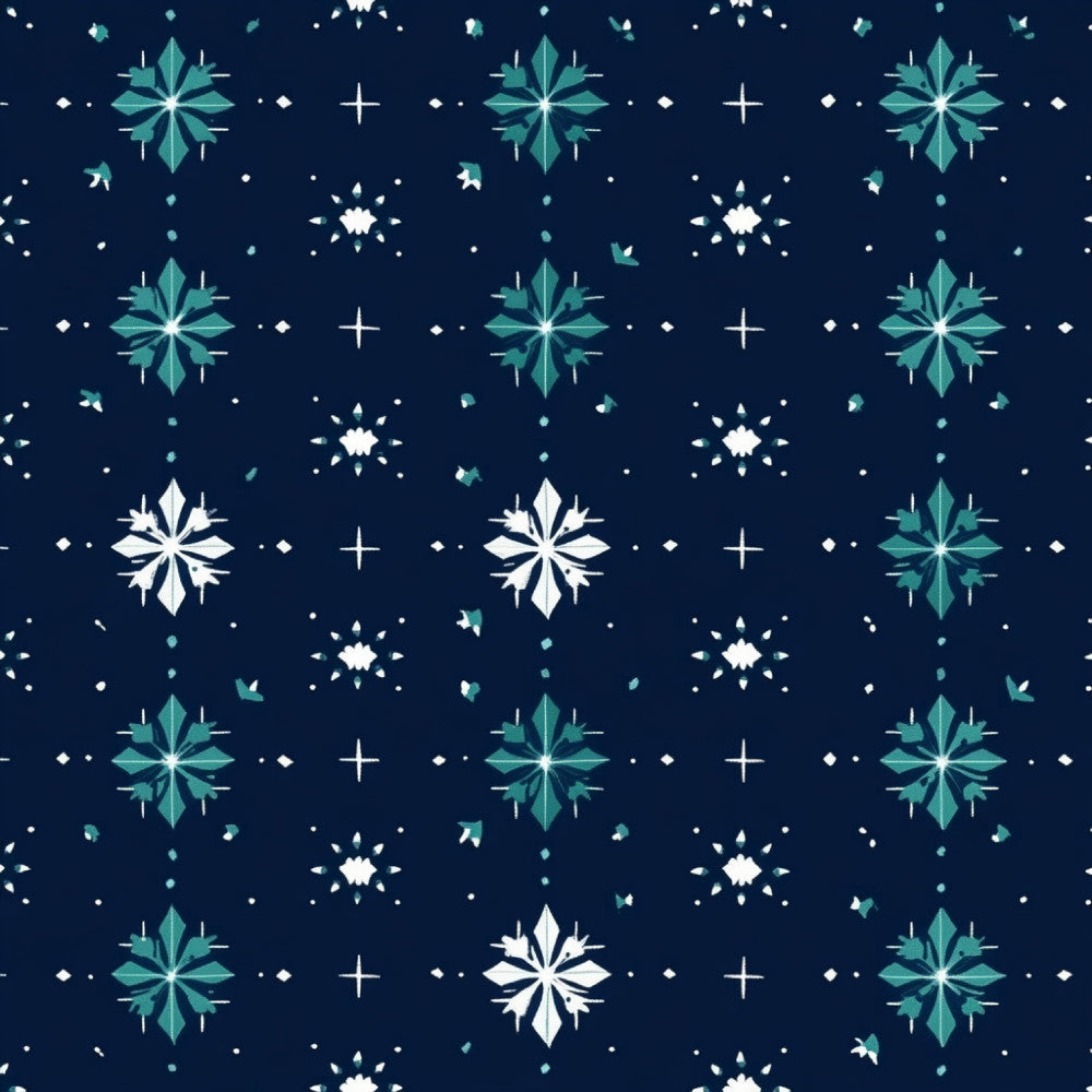 navy blue, teal, turquoise, white, geometric, celestial, stars, snowflakes, winter, christmas, holiday, modern, elegant, whimsical, four-pointed stars, diamond shapes, plus signs, sparkly, magical, night sky, frost, icy, jewel tones, sophisticated, festive, decorative, constellation, cosmic, starry night