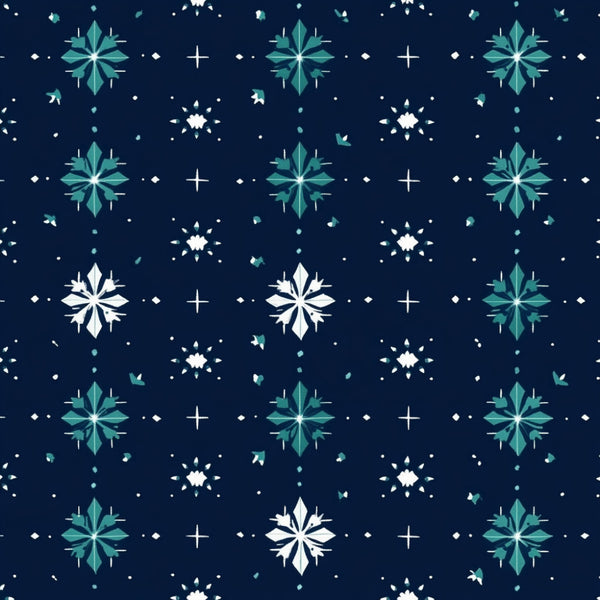 navy blue, teal, turquoise, white, geometric, celestial, stars, snowflakes, winter, christmas, holiday, modern, elegant, whimsical, four-pointed stars, diamond shapes, plus signs, sparkly, magical, night sky, frost, icy, jewel tones, sophisticated, festive, decorative, constellation, cosmic, starry night