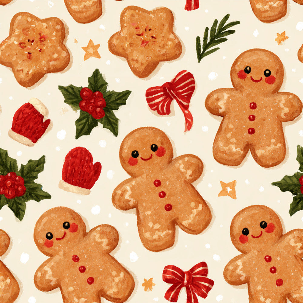 gingerbread man, christmas, holiday, festive, cream, tan, brown, red, forest green, candy cane, striped bow, holly berries, winter, seasonal, whimsical, playful, cute, cheerful, nursery, kids room, playroom, baby shower, gingerbread cookies, stars, mittens, decorative, traditional, nostalgic, cookie themed