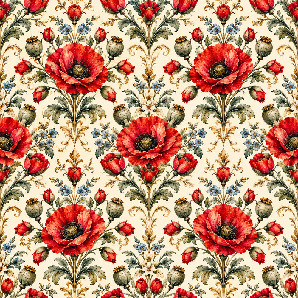 red poppies, cream background, vintage floral, botanical print, damask pattern, ornamental flowers, gold accents, blue flowers, sage green, burnt orange, romantic style, traditional design, garden flowers, poppy flowers, seed pods, spring florals, elegant style, classic pattern, nature theme, cottage core, timeless design, botanical garden, layered petals, heirloom style, decorative flourishes, vibrant red, muted tones, victorian inspired
