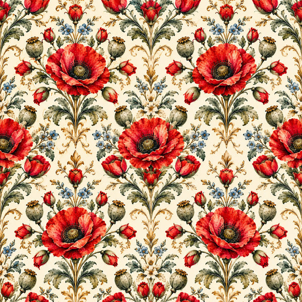 red poppies, cream background, vintage floral, botanical print, damask pattern, ornamental flowers, gold accents, blue flowers, sage green, burnt orange, romantic style, traditional design, garden flowers, poppy flowers, seed pods, spring florals, elegant style, classic pattern, nature theme, cottage core, timeless design, botanical garden, layered petals, heirloom style, decorative flourishes, vibrant red, muted tones, victorian inspired