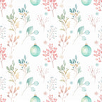 sage green, dusty rose, soft pink, mint green, teal, cream, watercolor floral, botanical, nature, holiday, winter, christmas, delicate, elegant, whimsical, festive, ornaments, berries, branches, leaves, snowflakes, evergreen, soft palette, nursery, baby shower, children's, delicate florals, peaceful, gentle, seasonal