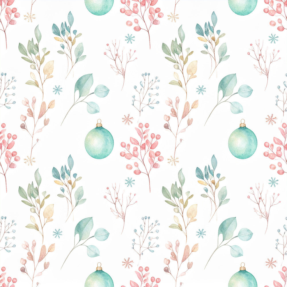 sage green, dusty rose, soft pink, mint green, teal, cream, watercolor floral, botanical, nature, holiday, winter, christmas, delicate, elegant, whimsical, festive, ornaments, berries, branches, leaves, snowflakes, evergreen, soft palette, nursery, baby shower, children's, delicate florals, peaceful, gentle, seasonal