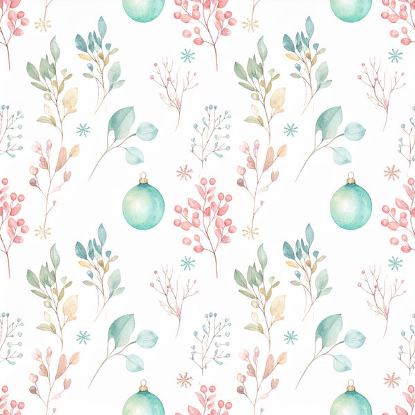 sage green, dusty rose, soft pink, mint green, teal, cream, watercolor floral, botanical, nature, holiday, winter, christmas, delicate, elegant, whimsical, festive, ornaments, berries, branches, leaves, snowflakes, evergreen, soft palette, nursery, baby shower, children's, delicate florals, peaceful, gentle, seasonal